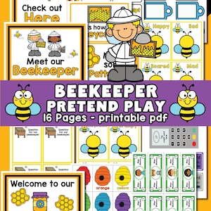 May include: A colorful printable PDF titled "BEEKEEPER PRETEND PLAY" with 16 pages. The image features illustrations of bees, honey, and a beekeeper, along with signs for a honey shop and receipts. Includes color-coded beehives and pretend money.
