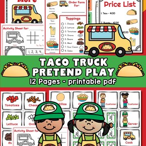May include: A colorful printable taco truck pretend play set with 12 pages. Includes order forms, price lists, and activity sheets. Features illustrations of tacos, burritos, and toppings, along with a yellow taco truck and children dressed as servers.