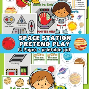 Peut inclure: Un PDF imprimable coloré intitulé "SPACE STATION PRETEND PLAY" avec 14 pages. Comprend des illustrations de planètes, une fusée, un astronaute et des listes de contrôle. Comporte le texte "Moon Rocks".