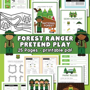 Può includere: Un PDF stampabile di 25 pagine a tema ranger forestale, per giochi di finzione. Include liste di controllo, biglietti, informazioni sugli animali e regole del parco. Il design incorpora elementi verdi e bianchi.
