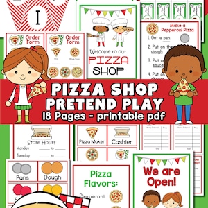 May include: A colorful printable PDF set for a pizza shop pretend play. Includes price lists, order forms, pizza flavors, and instructions. Features illustrations of children and pizza slices. The text says "Pizza Shop Pretend Play 18 Pages - printable pdf".