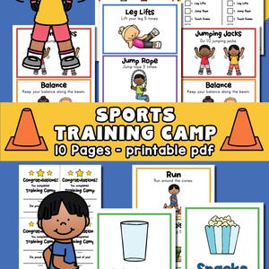 May include: A colourful printable sports training camp set with illustrations of children doing exercises. Includes a water station and snack station, plus a 'Run' activity. The text reads 'Sports Training Camp'.