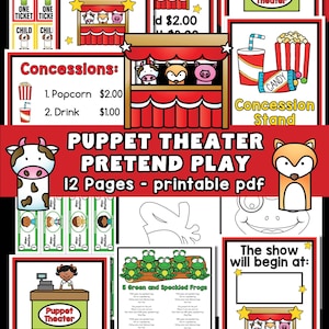 May include: A printable PDF set for a puppet theater pretend play, featuring tickets, concession stand signs, and a ticket booth. Includes a puppet stage with animal puppets, and a song sheet for "5 Green and Speckled Frogs."