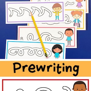 May include: Educational pre-writing practice sheets with various line patterns, including zigzags and curves, are displayed. Each sheet features a cartoon illustration of a child. A yellow pencil rests on the sheets. The word "Prewriting" is written in large black letters.