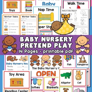May include: A colourful printable PDF titled "BABY NURSERY PRETEND PLAY" with 14 pages. The image includes illustrations of baby items like nappies, bottles, toys, and a cot, along with the text "OPEN".