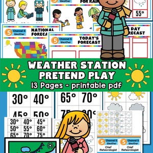 Op de afbeelding: Een kleurrijke weerspeelset met 13 pagina's, met weerberichtgrafieken, temperatuurgrafieken en illustraties van weermannen. Inclusief temperaturen in graden Fahrenheit.