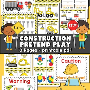 Pode incluir: Um PDF imprimível colorido intitulado "Construction Pretend Play" com 10 páginas. A imagem apresenta ilustrações com tema de construção, incluindo um caminhão basculante, sinais de parada, ferramentas e trabalhadores da construção. O texto inclui "Construction Site".