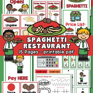 Peut inclure: Un PDF imprimable sur le thème du restaurant de spaghettis. L'image présente des illustrations de plats de spaghettis, des bons de commande, des listes de prix et une section de paiement. Comprend le texte "Spaghetti Restaurant 15 Pages - printable pdf".