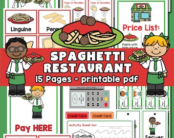 May include: A printable PDF with a spaghetti restaurant theme. The image features illustrations of spaghetti dishes, order forms, price lists, and a pay-here section. Includes the text "Spaghetti Restaurant 15 Pages - printable pdf".