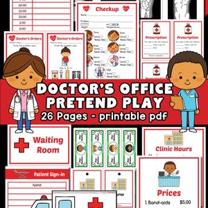 Könnte beinhalten: Ein druckbares PDF mit dem Titel "DOCTOR'S OFFICE PRETEND PLAY" mit 26 Seiten. Das Bild enthält Illustrationen von medizinischen Diagrammen, einem Krankenwagen und einer Preisliste für medizinische Spielwaren. Der Text enthält "Wartezimmer" und "Klinikzeiten".