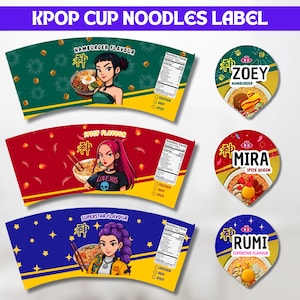Peut inclure: Étiquettes de nouilles instantanées KPOP avec des illustrations de femmes de style anime. Les saveurs incluent Hamburger, Épicé et Superstar. Chaque étiquette présente un personnage et un nom de saveur différents. Les étiquettes incluent également des informations nutritionnelles.