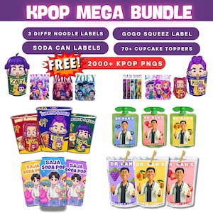 May include: A KPOP Mega Bundle graphic featuring labels and toppers. Includes 3 noodle labels, soda can labels, and over 70 cupcake toppers. Features images of KPOP stars and the text "FREE! 2000+ KPOP PNGS".