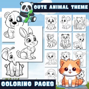May include: A collection of coloring pages featuring cute animals. The pages include illustrations of a panda, bear, rabbit, elephant, fox, deer, lion, sheep, and cat. The words "CUTE ANIMAL THEME" and "COLORING PAGES" are displayed.