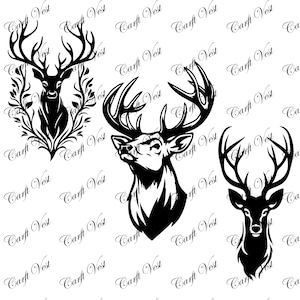 May include: Three black and white deer head designs. One deer head is surrounded by a floral wreath. The other two deer heads have large antlers. The background has a repeating pattern of the text "Carft Vest".