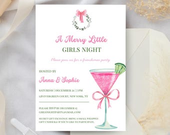 Girls Night Party Invitation | Friendsmas Party Invite | Pink Bow Holiday Dinner | Digital
