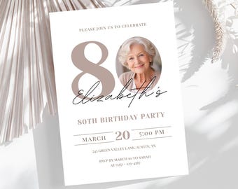 May include: A white invitation card for an 80th birthday party. The design includes a photo of a woman, the number 80 in taupe, and the name "Elizabeth's" in cursive. The date and time are also displayed.