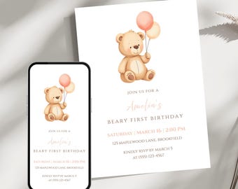 Invitación para el primer cumpleaños de Beary / Invitación para fiesta de cumpleaños de osito de peluche / Oso con globo rosa / Invitación para el primer cumpleaños de niña / Digital