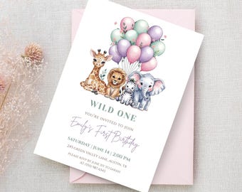 Wild One Birthday Invitation | Safari Animals First Birthday Invite | Jungle Theme Girl Birthday | Jungle Party 1st bday | Digital Download