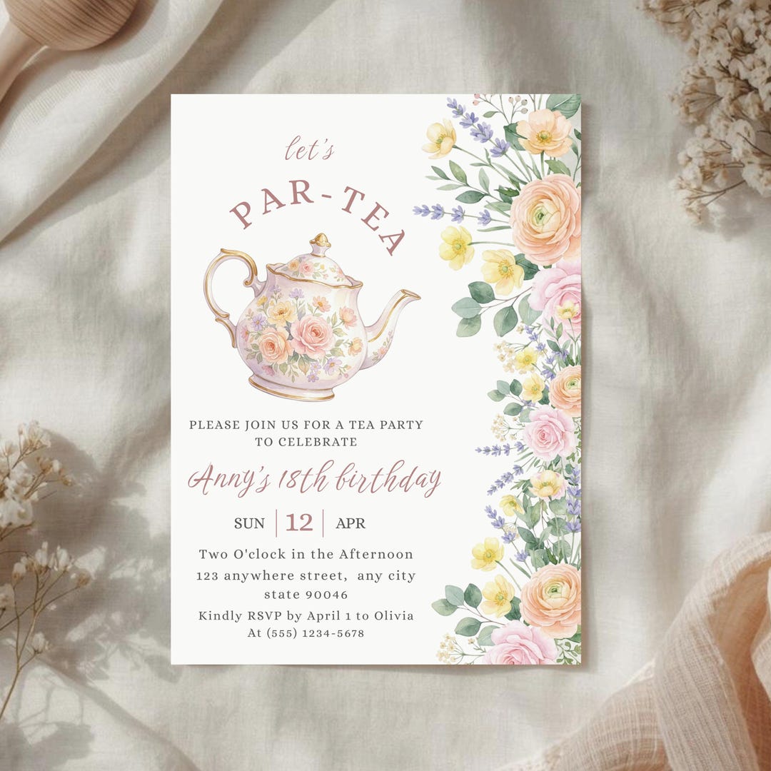 Spring Tea Invitation Floral Tea Party Birthday Invitation, Editable Par-tea Invite, Garden ...