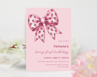 Berry First Birthday Invitation, Strawberry Birthday Invite, Girl 1st Birthday, Pink Strawberry Bow, Editable Canva Template, Digital 5x7