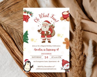 May include: A festive invitation with a Santa Claus illustration, text "Oh What Fun!" and details for a holiday celebration. The invitation includes a Christmas tree, gingerbread man, and a snowman.