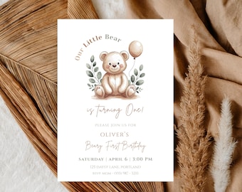 Teddy Bear First Birthday Invitation | Beary First Birthday Invite | 1st Birthday Boy Girl | Boho Bday Party | Digital Download