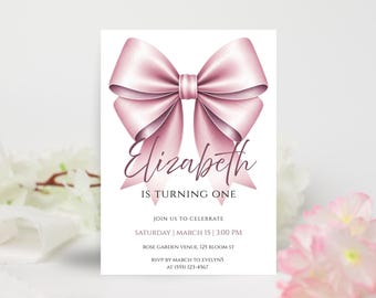 Pink Bow Birthday Invitation | Bow 1st Birthday Invite | Coquette Invitation Template | Girl Bday, Blush Ribbon Party | Digital