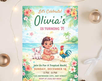 Editable Moana Birthday Invitation | Canva Template Evite | Printable Ocean Theme Party Invite for Girl | Instant Download Invitation