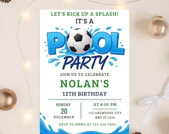 Editable Soccer Pool Birthday Invitation, Pool Birthday Invitation, Boy Sports Summer Birthday Invite, Digital Canva Template