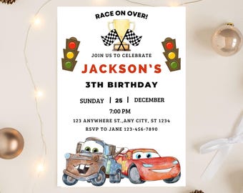 Cars Birthday Invitation, Kids Birthday Invitation, Lightning McQueen Invitation, Editable Personalized Canva Digital Download
