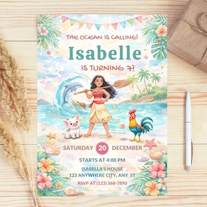 May include: A vibrant invitation with the text "THE OCEAN IS CALLING! Isabelle IS TURNING 7!" features a cartoon illustration of a girl with a paddle, a pig, a rooster, and a dolphin. The invitation includes the date, time, and location.