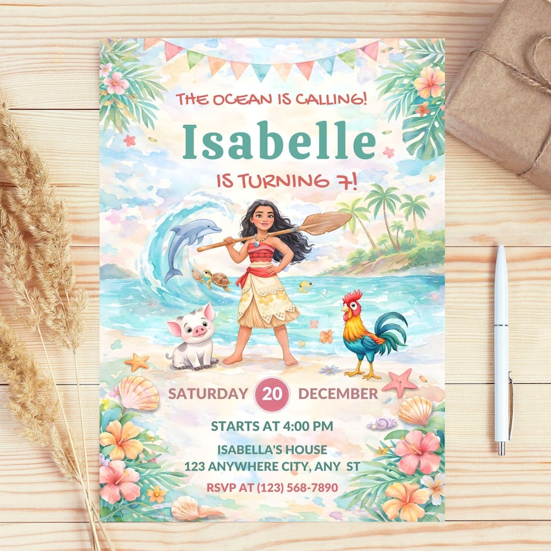 May include: A vibrant invitation with the text "THE OCEAN IS CALLING! Isabelle IS TURNING 7!" features a cartoon illustration of a girl with a paddle, a pig, a rooster, and a dolphin. The invitation includes the date, time, and location.