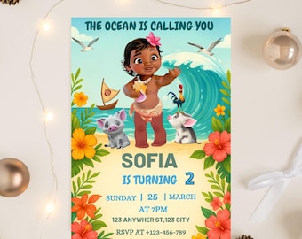 Editable Baby Moana Birthday Invitation, Editable Digital Hawaiian Moana Birthday Invite, Kids Theme Party Invitation