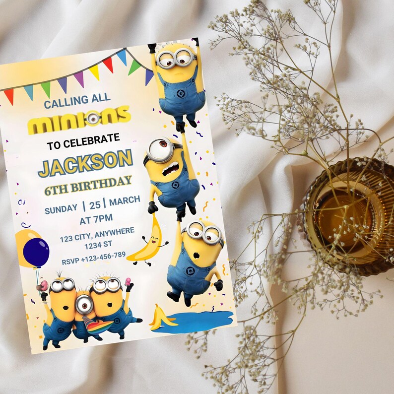 May include: A birthday invitation with a Minions theme. The yellow invitation card has the text "Calling All Minions to Celebrate Jackson 6th Birthday". The date, time, and location are also included. Minions are depicted in various playful poses.
