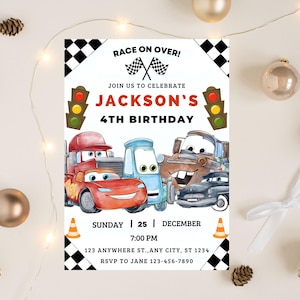 Cars Birthday Invitation, Kids Birthday Invitation, Lightning McQueen Invitation, Editable Personalized Canva Download