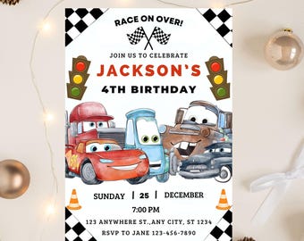 Cars Birthday Invitation, Kids Birthday Invitation, Lightning McQueen Invitation, Editable Personalized Canva Download