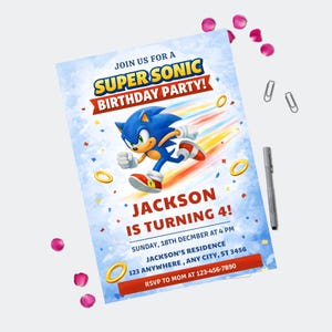 May include: A birthday party invitation featuring Sonic the Hedgehog. The invitation reads "Join us for a Super Sonic Birthday Party!" with the name "Jackson" and the age "4" prominently displayed. Includes details for the party.