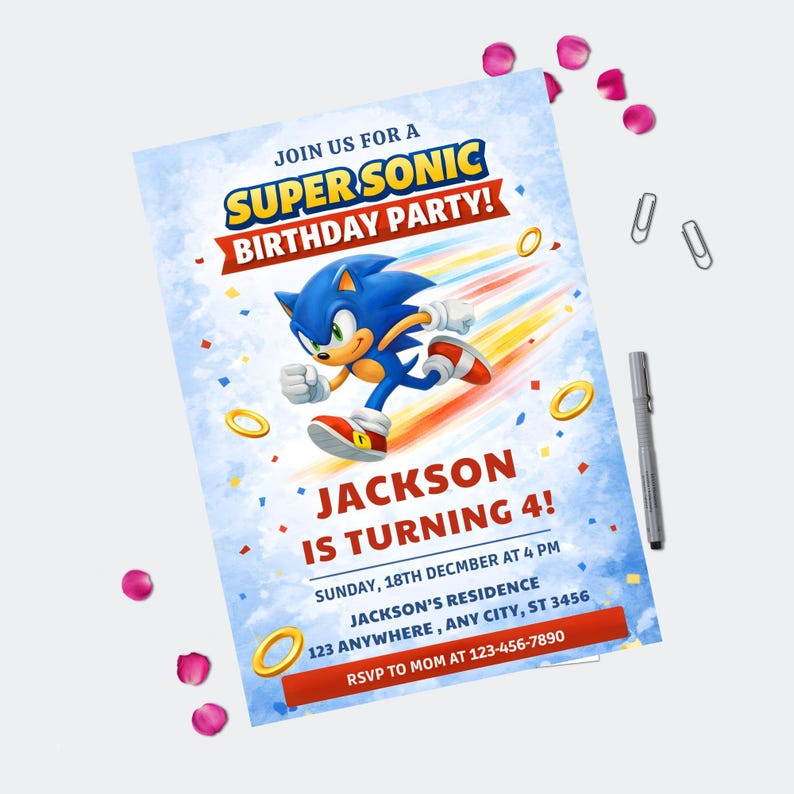 May include: A birthday party invitation featuring Sonic the Hedgehog. The invitation reads "Join us for a Super Sonic Birthday Party!" with the name "Jackson" and the age "4" prominently displayed. Includes details for the party.