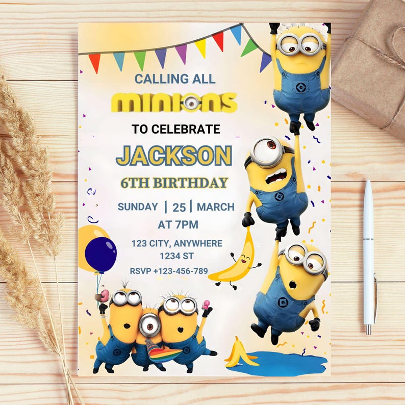 May include: A birthday invitation with a Minions theme. The design includes the text "Calling All Minions" and details for Jackson's 6th birthday, including the date, time, and location. The invitation features yellow, blue, and purple colours.