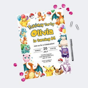 May include: A rectangular party invitation featuring colorful Pok&eacute;mon characters including Pikachu, Charmander, and Snorlax. The text reads Pok&eacute;mon Party, Olivia is turning 6, Join us for a Celebration, Sunday 20 July 5:00 PM, Country Coarson, 1234 ANYWHERE CITY, ANY ST 1234, RSVP TO MOM AT 123-456-7890.