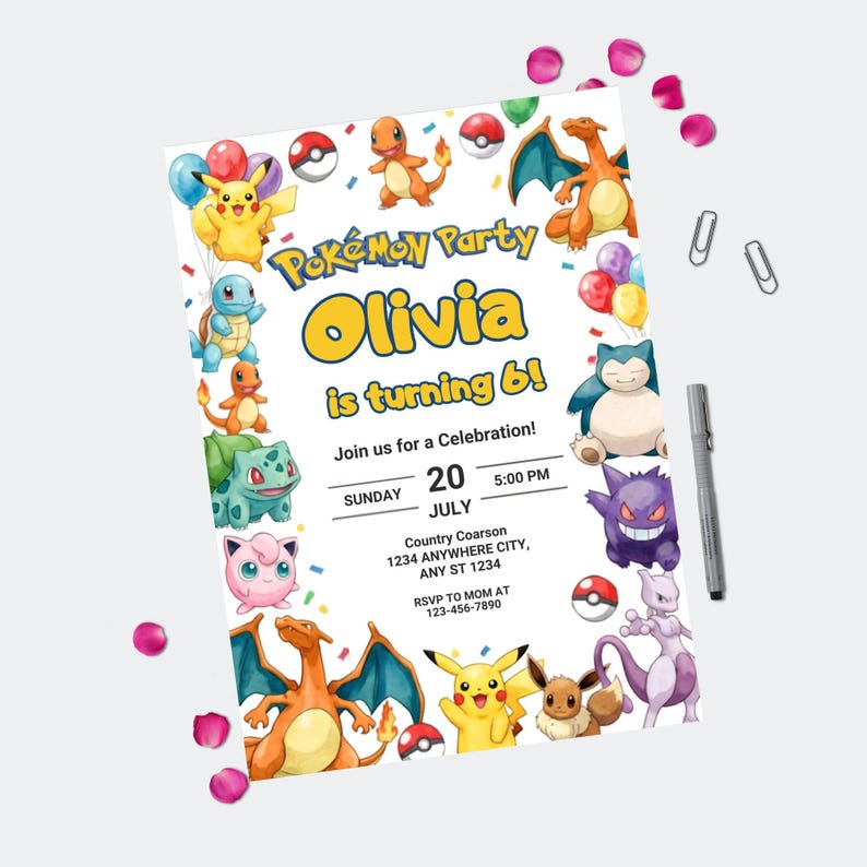 May include: A rectangular party invitation featuring colorful Pok&eacute;mon characters including Pikachu, Charmander, and Snorlax. The text reads Pok&eacute;mon Party, Olivia is turning 6, Join us for a Celebration, Sunday 20 July 5:00 PM, Country Coarson, 1234 ANYWHERE CITY, ANY ST 1234, RSVP TO MOM AT 123-456-7890.