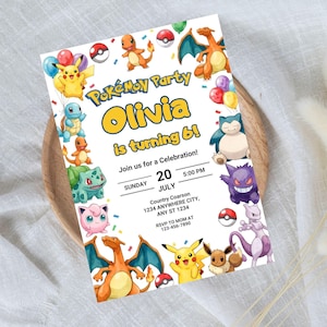 May include: A rectangular party invitation featuring colorful illustrations of various Pokemon characters, including Pikachu, Charizard, and Snorlax. The text reads: Pokemon Party, Olivia is turning 6, Join us for a Celebration, Sunday 20 July 5:00 PM.