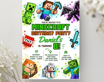 Invito di compleanno Minecraft modificabile, invito di compleanno Minecrafter download immediato, invito di compleanno a tema videogiochi, invito digitale