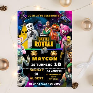 Puede incluir: Una colorida invitación de cumpleaños de Fortnite Battle Royale. La invitación presenta varios personajes de Fortnite, el texto "Join Us To Celebrate" y detalles de la fiesta, incluido el nombre "Maycon", la edad "10", la fecha, la hora y el lugar.