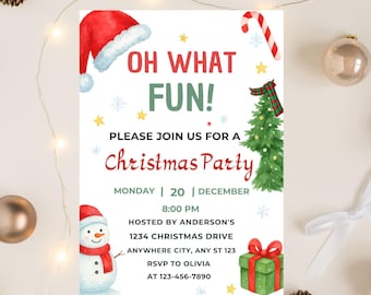 Puede incluir: Una invitación a una fiesta de Navidad con ilustraciones en acuarela. El texto dice "OH WHAT FUN!" y "Christmas Party". Incluye un gorro de Papá Noel, un muñeco de nieve, un árbol de Navidad, un bastón de caramelo y una caja de regalo. La fiesta es el 20 de diciembre.