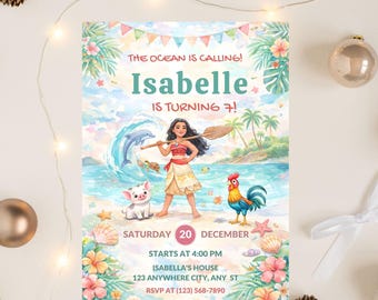 Faire-part d'anniversaire modifiable Moana |  Modèle Canva Evite | Invitation à une fête à thème océan imprimable pour fille | Faire-part en téléchargement numérique