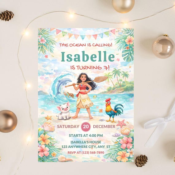 Editable Moana Birthday Invitation |  Canva Template Evite | Printable Ocean Theme Party Invite for Girl | Digital Download Invitation