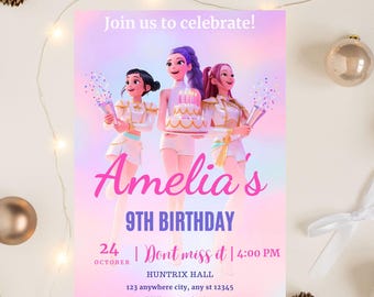 Bearbeitbare Kpop Dämonenjäger Geburtstagseinladung, Kpop Geburtstag einladen, Dämonenjäger Party einladen, Canva Digital Download