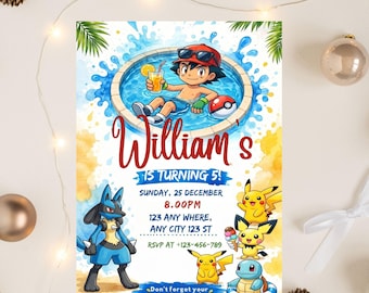 Editable Pokémon Pool Party Birthday Invitation Template ,Customizable Party Invite for Kids, Digital Download Canva Template