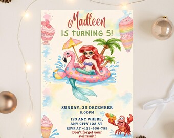 Princess Pool Party Invitation, Digital Girl Birthday Invite, Editable Canva Template, cute princess birthday pool theme, Digital Download
